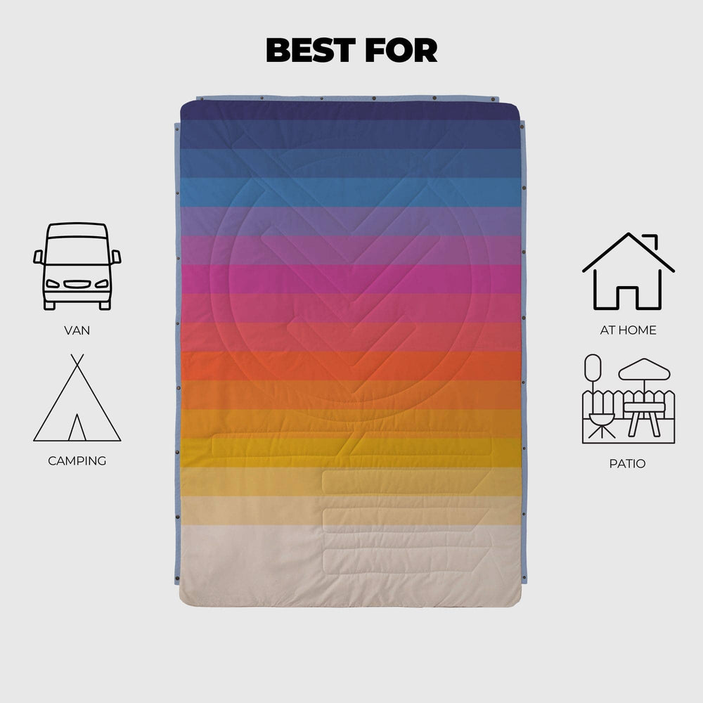 Colorful striped mat with icons indicating its best uses for van, camping, home, and patio on a light gray background.