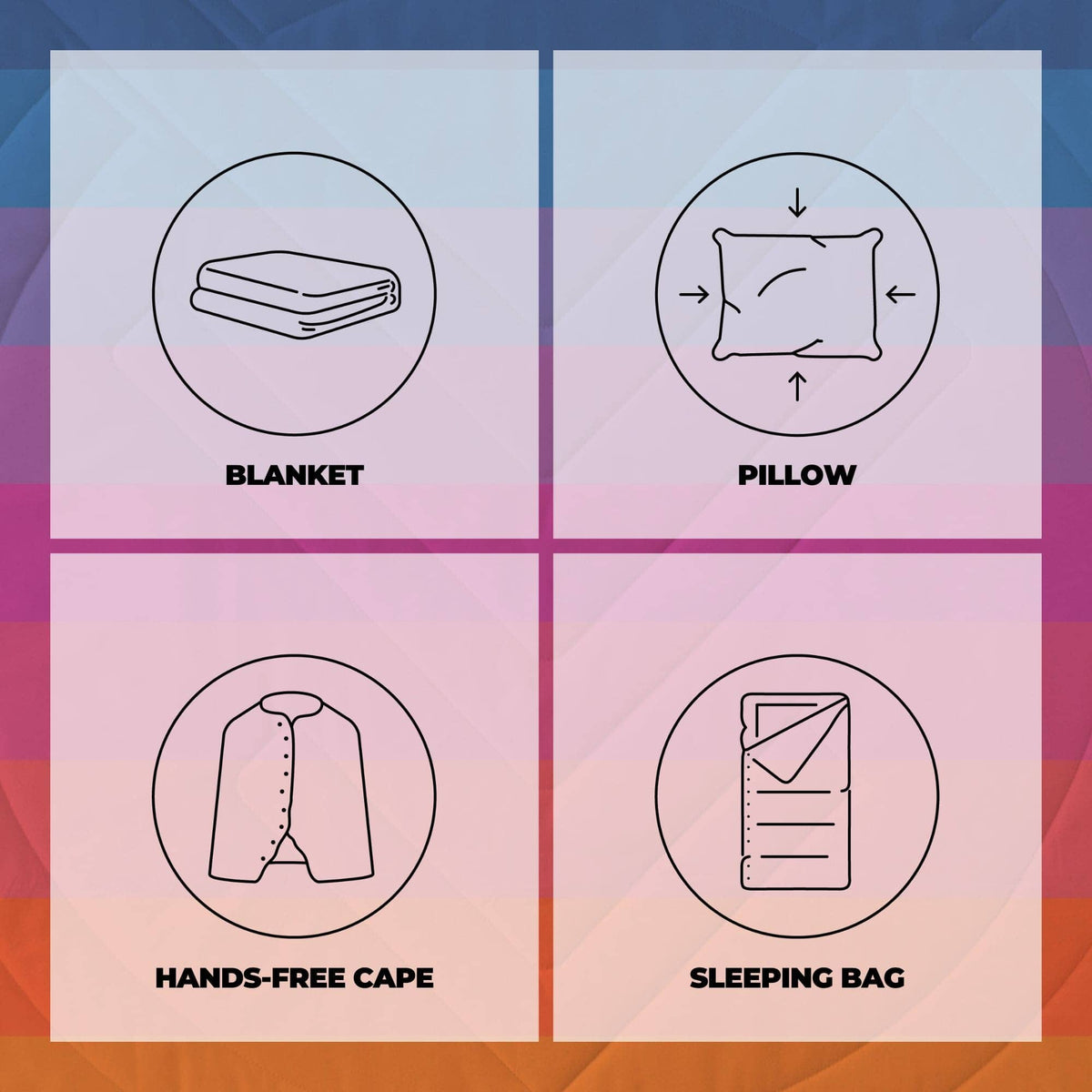 Illustrations of a blanket, pillow, hands-free cape, and sleeping bag on a colorful geometric background.