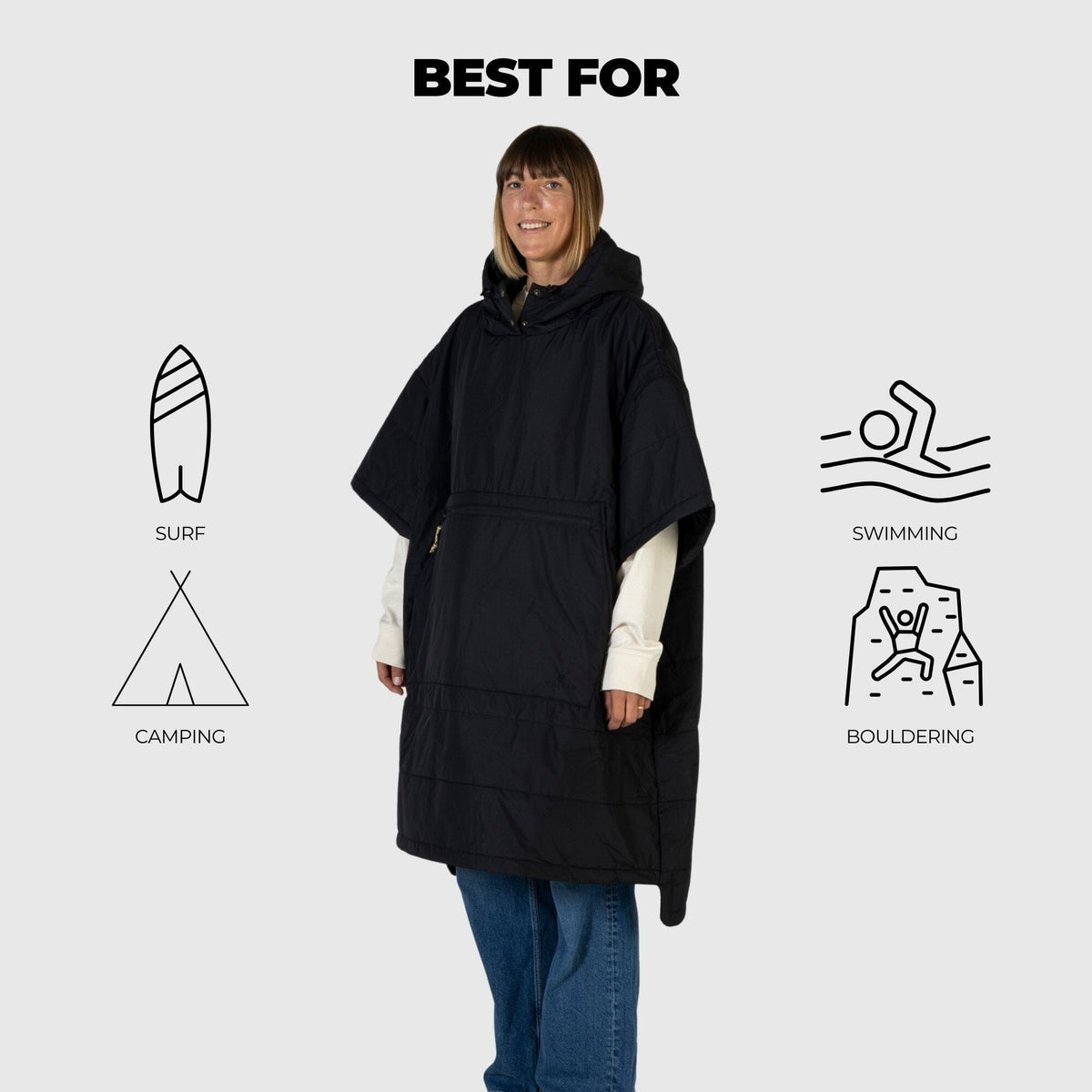 VOITED 3rd Edition Outdoor Poncho for Surfing, Camping, Vanlife & Wild Swimming - Black Changewear VOITED 