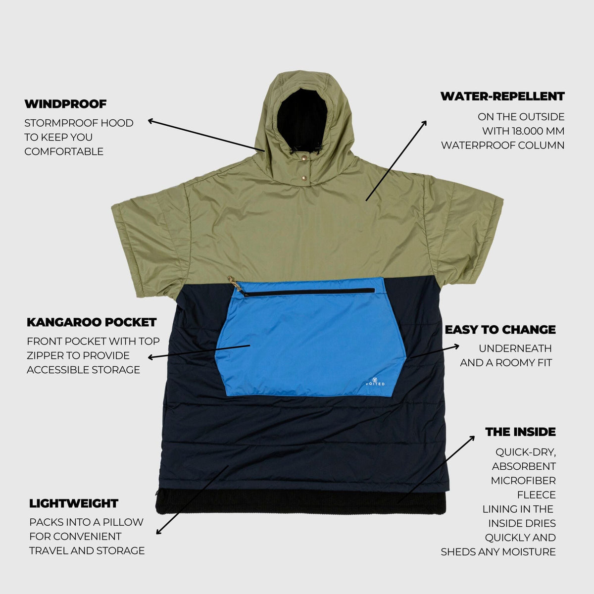 VOITED 3rd Edition Outdoor Poncho for Surfing, Camping, Vanlife & Wild Swimming - Ocean Navy/Olive Changewear VOITED 