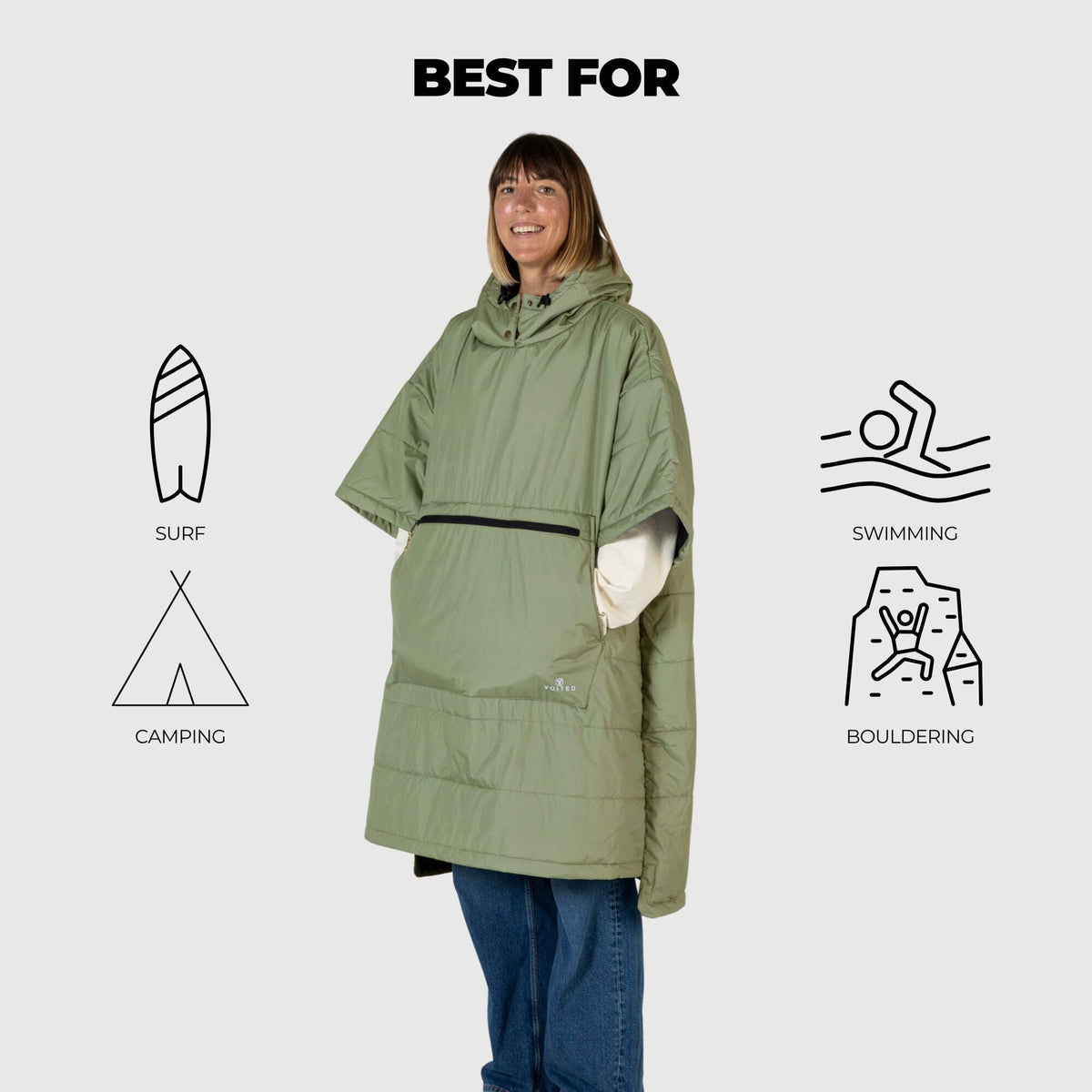 VOITED 3rd Edition Outdoor Poncho for Surfing, Camping, Vanlife & Wild Swimming - Olive Changewear VOITED 